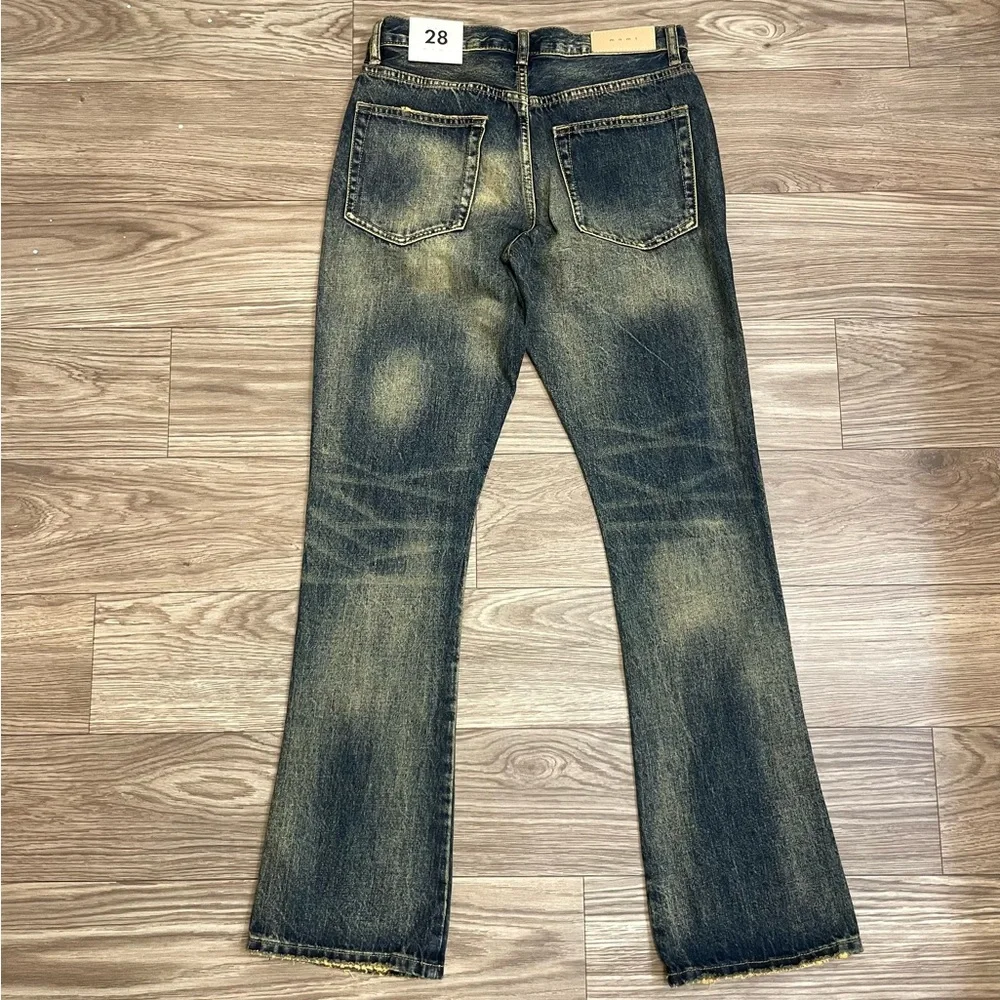 mnml Metal Eyelet Grommet Yellow Washed Distressed Denim Flare Jeans
